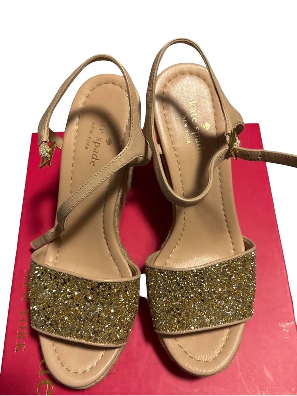 Kate Spade Jaden Gold Glitter Open-Toe and Slingback Espadrille Wedge Size 8.5
